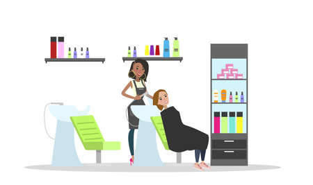 Washing hair with shampoo in beauty salon. Woman making haircut in hairdressing salon. Isolated vector flat illustrationのイラスト素材