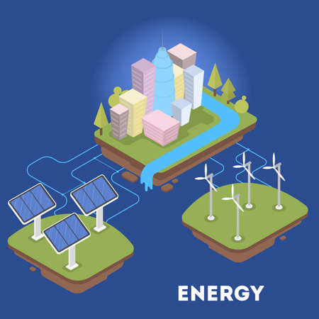 Green or alternative energy for city. Solar panel and wind turbines. Eco friendly town. Isolated vector isometric illustrationのイラスト素材
