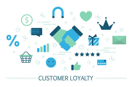 Customer retention or loyalty concept. Attract clients and build relationships. Business strategy. Set of colorful icons. Isolated flat vector illustrationのイラスト素材