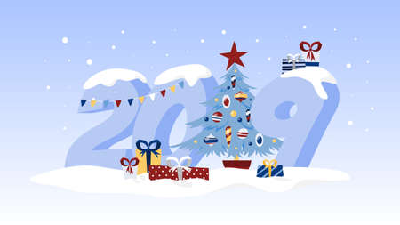 2019 concept. Creative decoration and celebration. Merry Christmas and happy New Year. Gifts and christmas tree in front of numbers. Flat vector illustrationのイラスト素材