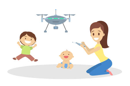 Children with mother playing with quadcopter. Controlled drone. Modern technology concept. Isolated flat vector illustrationのイラスト素材