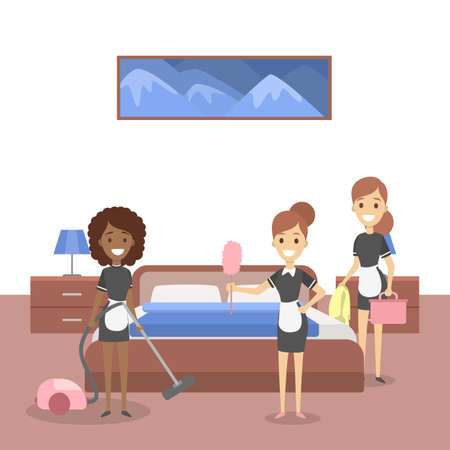 Gorup of maids cleaning hotel room. Female staff in service uniform. Flat vector illustrationのイラスト素材