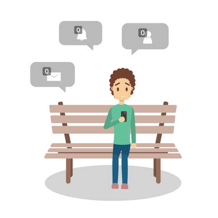 Sad young man holding mobile phone with no message sign. Loneliness concept. Isolated flat vector illustrationのイラスト素材