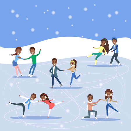 Cute romantic couples skate together outdoors. Winter activity