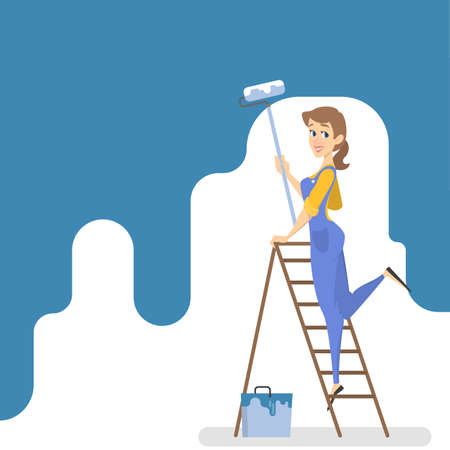 Female worker painting the wall with blue paint and roller. Smiling woman decorating room. Isolated vector illustration in cartoon styleのイラスト素材