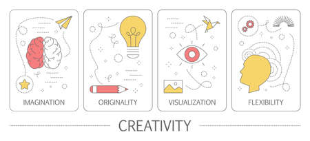 Set of creativity vertical banners. Idea of originality, inspiration and flexibility. Creative mind and innovation concept. Isolated flat vector illustrationのイラスト素材