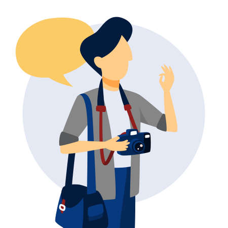 Photographer standing and holding camera and showing ok sign. Artistic hobby. Isolated flat vector illustrationのイラスト素材