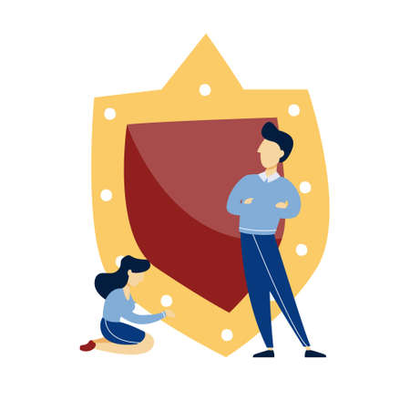 People standing at the big shield illustrationのイラスト素材