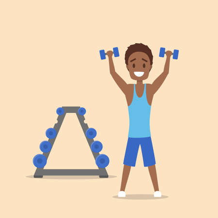 African american man training with dumbbell. Arm workout and biceps building. Physical health and activity. Flat vector illustrationのイラスト素材