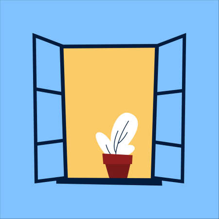 Opened window with cactus on the blue wall
