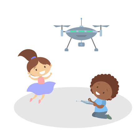 Children playing with quadcopter. Controlled drone. Modern technology concept. Isolated flat vector illustrationのイラスト素材
