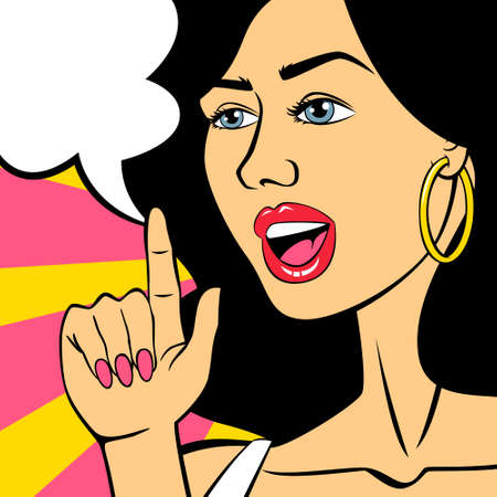 Pop art woman talking using speech bubble. Vintage girl with red lips in comic style. Flat vector illustrationのイラスト素材