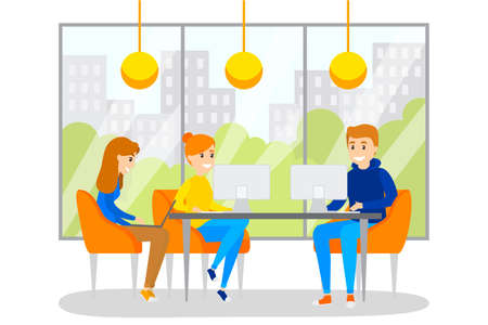 Coworking space with people sitting at the computer. Creative team work together. Freelance concept. Isolated flat vector illustrationのイラスト素材
