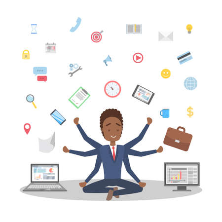 Shiva businessman in lotus pose having break at work and meditate. Happy multitasking office worker with many hands. Isolated flat vector illustrationのイラスト素材