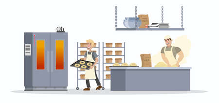 Bakery kitchen interior with smiling workers and different equipment. People baking tasty bread and donuts. Flat vector illustrationのイラスト素材