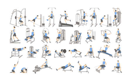 Set of workout for men on exercise machines. Sport equipment for fitness. Healthy and active lifestyle. Isolated vector illustrationのイラスト素材