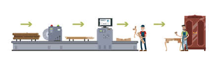 Wooden furniture production process on the automated machinery line. Wood industry. Table for home construction. Isolated vector flat illustrationのイラスト素材