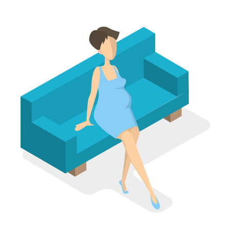 Young pregnant woman sitting on the couch and relaxing. Female character awaiting baby. Isometric vector illustrationのイラスト素材