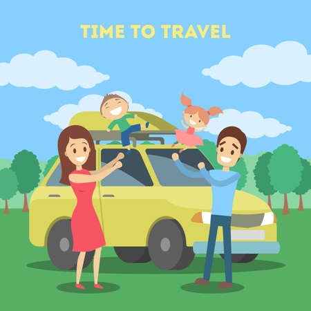 Happy family in the nature on weekend. Father and mother playing together with son and daughter in front of the yelow car. Flat vector illustrationのイラスト素材