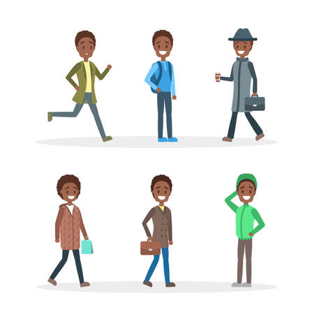 Set of people dressed in outerwear. Collection of cute male characters in warm clothes. African american man in coat or jacket. Isolated flat vector illustrationのイラスト素材
