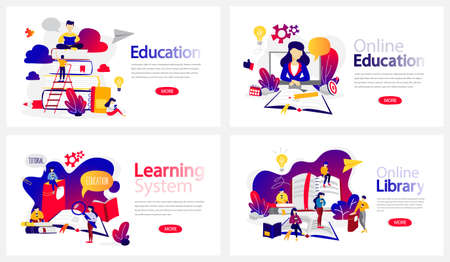 Online education courses banner set. Online library and e-learning system. Modern wireless technology. Isolated flat vector illustrationのイラスト素材