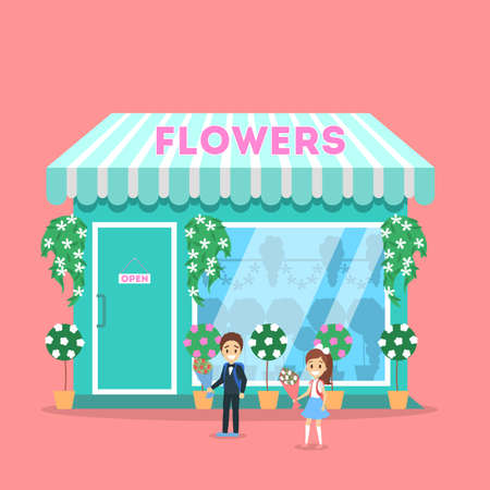 Children standing in front of the flower store. Shop building or kiosk with plants in the city. Flat vector illustrationのイラスト素材