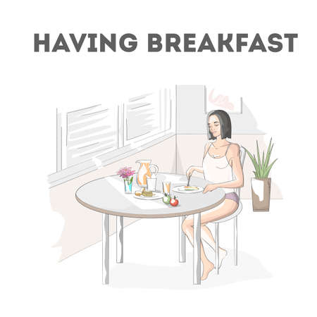 Woman in underwear having breakfast at home.のイラスト素材