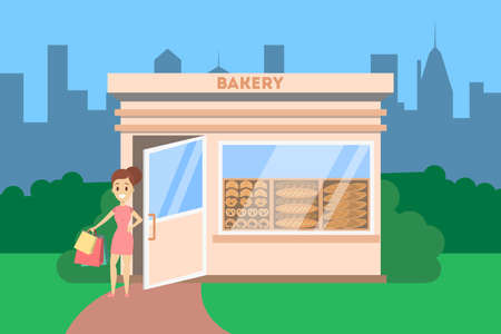 Woman going out of the bakery shop with breadのイラスト素材