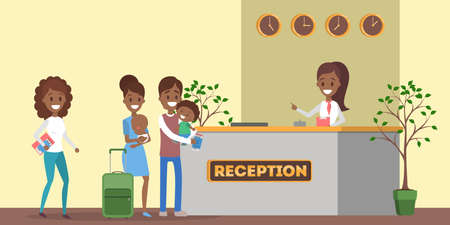 African american people standing in queue at the hotel reception. Room reservation or booking. People on a vacation. Flat vector illustrationのイラスト素材