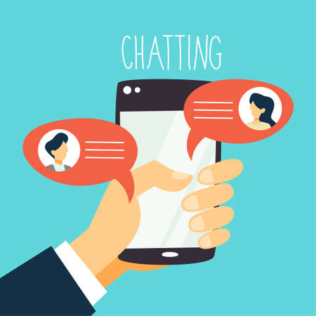 Mobile phone messenger concept. Text conversation online in speech bubbles. Dialog on the screen. Hand holding smartphone. Flat vector illustrationのイラスト素材