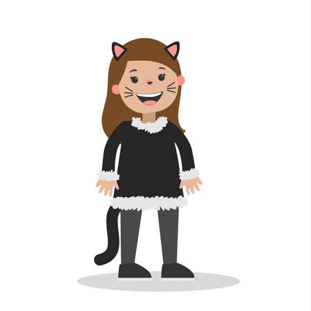 Cute little girl in a black cat costume. Halloween party outfit for children. Kid with whiskers and ears. Isolated vector flat illustrationのイラスト素材