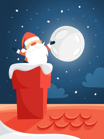Cute Santa Claus in red clothes waving from chimney. Merry Christmas and New Year celebration. Night sky and moon on the background. lat vector illustrationのイラスト素材