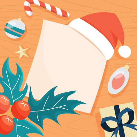 Christmas letter from children on the table. Red hat lying on blank paper list. Wish list for Santa Claus. Flat vector illustrationのイラスト素材