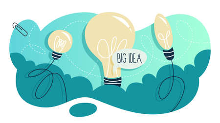 Big idea concept. Creative mind and brainstorm. Light bulb on green background as a metaphor of idea. Flat vector illustrationのイラスト素材