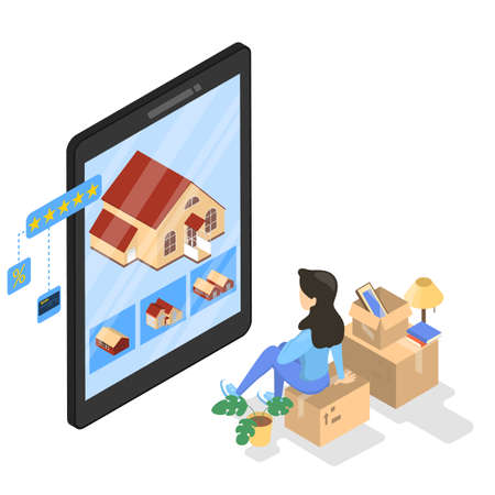 Female character sitting on the box and looking at the house on tablet screen. Bying new home online. Real estate and online shopping concept. Isolated vector isometric illustrationのイラスト素材