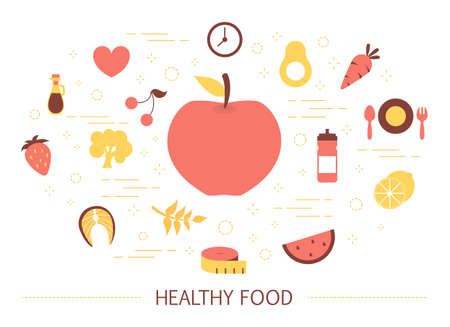 Healthy food concept. Idea of organic menu and natural nutrition. Cooking using fresh ingredient. Body and health care. Set of colorful diet icons. Isolated flat vector illustrationのイラスト素材