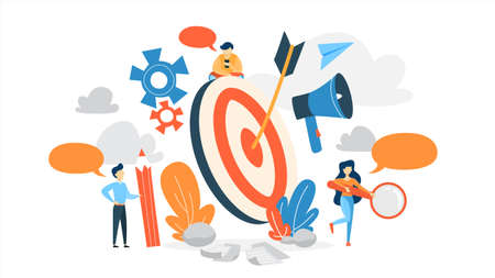 Small business people standing around a huge target. Idea of business goal and arrow as a metaphor of achievement and success. Flat vector illustrationのイラスト素材