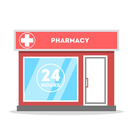 Pharmacy city street building exterior front view. Healthcare and medicine. Bying medicament in drugstore. Isolated flat vector illustrationのイラスト素材