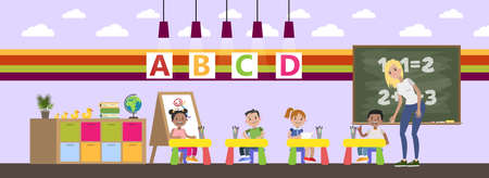 Children in kindergarten study in the classroomのイラスト素材