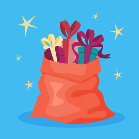 Red Santa Claus bag full of christmas gifts. Winter holiday presents. Box package with ribbon and stars on the background. Isolated flat vector illustrationのイラスト素材