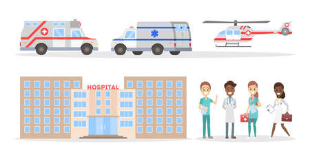 Ambulance car, hospital and medical staff set. Rescure helicopter. Smiling doctor standing with medical equipment. Isolated flat vector illustrationのイラスト素材