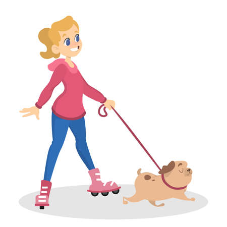 Teen girl in blue and pink clothes playing with her cute pet. Walking a dog on skates. Friendship between dog and child. Domestic animal owner. Isolated vector illustration in cartoon style.のイラスト素材