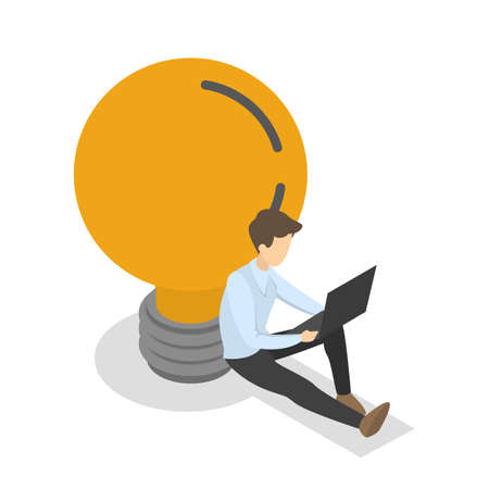 Businessman in suit sitting at the big light bulb and working on computer. Man has a business idea and creativity. Isolated vector isometric illustrationのイラスト素材