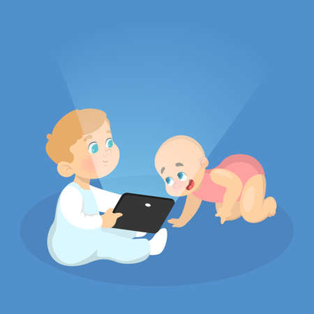 Little kid playing with tablet computer. Baby boy and girl in pink clothes play game on the device. Digital generation. Vector illustration in cartoon styleのイラスト素材
