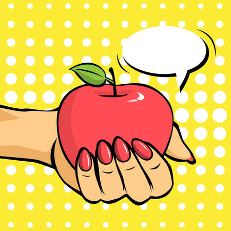 Hand holding red apple with speech bubble. Pop art delicious fruit in vintage style. Flat vector illustrationのイラスト素材