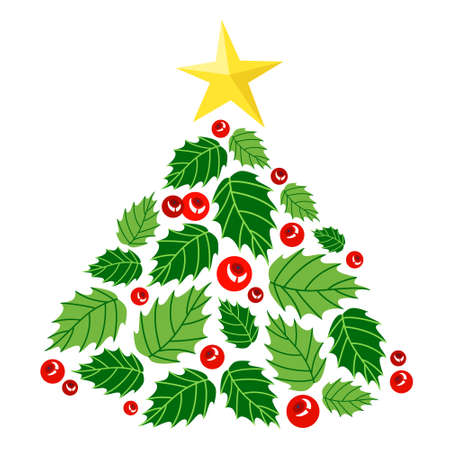 Cute christmas tree made of holly berry leaves and berries. Beautiful decoration for greeting card. Green tree with red berry. Isolated flat vector illustrationのイラスト素材