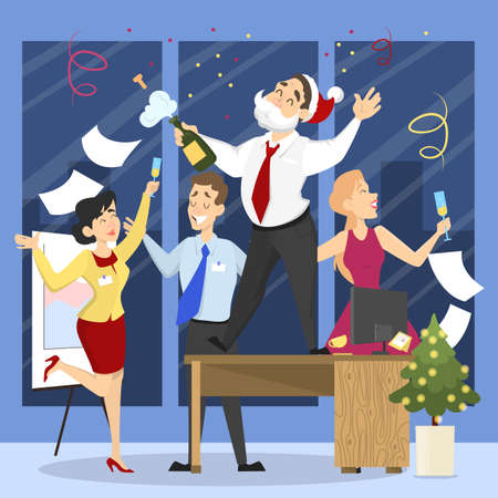 People have fun on the office christmas party set. Party in happy company of colleagues. New Year celebration on the work. Vector illustration in cartoon styleのイラスト素材