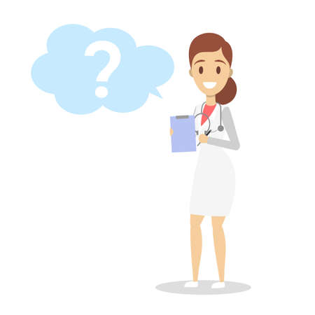 Female doctor in uniform with stethoscope holding clipboard. Medical worker asking a question in a speech bubble. Isolated flat vector illustrationのイラスト素材