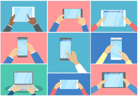 Hands using different digital devices set. Computer and mobile phone, tablet and laptop. Electronic...