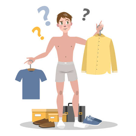 Young man choosing between two clothes set. Guy in doubt thinking what to wear today. Isolated flat vector illustrationのイラスト素材